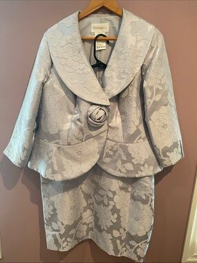 David's Bridal Light Gray Floral Brocade Jacket & Skirt Set